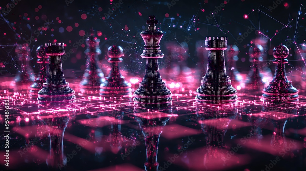 A vibrant digital chess set glowing with neon lights, showcasing strategy and elegance in a compelling futuristic design. A vibrant digital chess set glowing with neon lights, showcasing strategy and elegance in a compelling futuristic design.