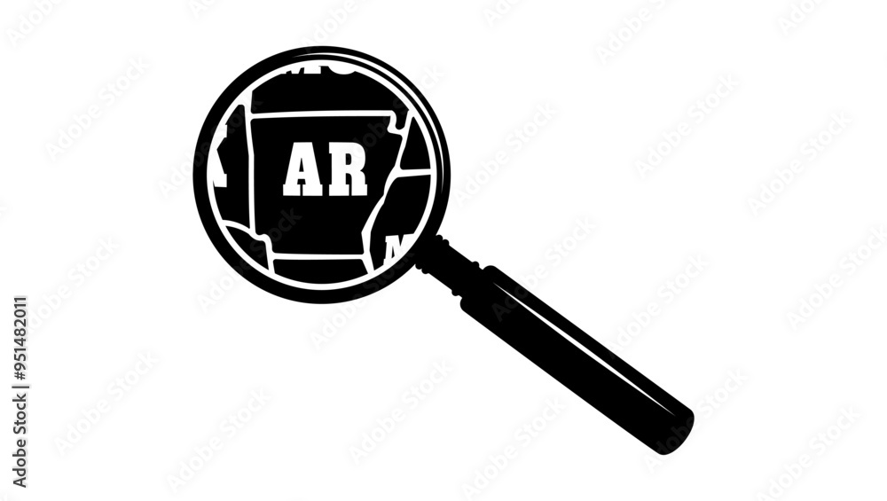 ARKANSAS state map in magnifying glass, black isolated silhouette ARKANSAS state map in magnifying glass, black isolated silhouette