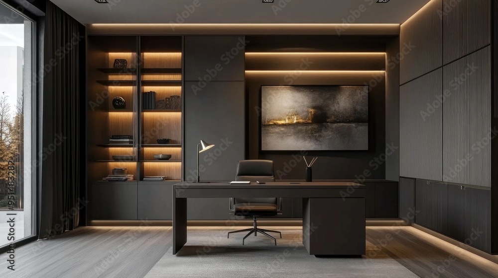 Modern home office with black walls, wooden floor, and a large desk with leather chair. Modern home office with black walls, wooden floor, and a large desk with leather chair.