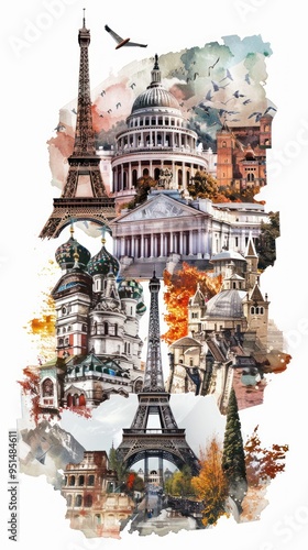 Watercolor Collage of Famous Landmarks