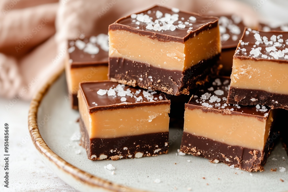 salted caramel fudge squares neatly stacked on a plate, with a smooth caramel layer on top of rich chocolate fudge salted caramel fudge squares neatly stacked on a plate, with a smooth caramel layer on top of rich chocolate fudge