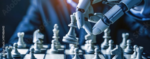 Robot hand holds chess piece on chessboard strategically.