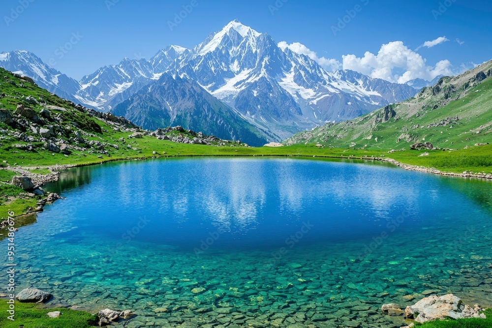 Mountain Lake with Clear Blue Water and Snow-Capped Peaks Mountain Lake with Clear Blue Water and Snow-Capped Peaks