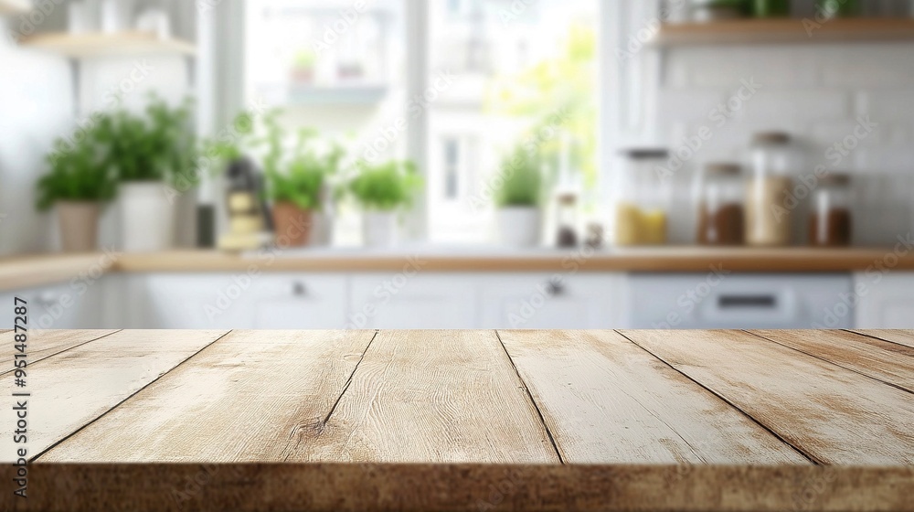 Empty wooden table with the bright white interior of the kitchen as a blurred background behind the bokeh. Empty wooden table with the bright white interior of the kitchen as a blurred background behind the bokeh.