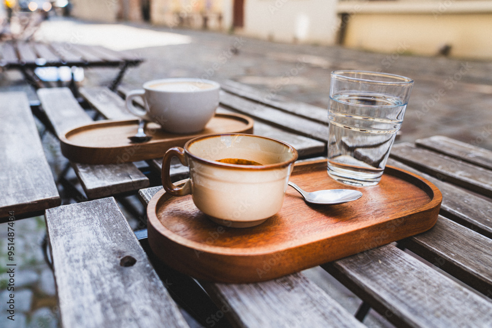 Coffee cup on outdoor garden restaurant. City street lifestyle. Natural wood colors. Coffee cup on outdoor garden restaurant. City street lifestyle. Natural wood colors.