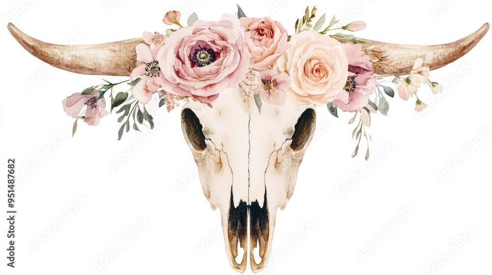 Naklejka premium A boho bull skull decorated with watercolor flowers in soft pinks and beiges, standing out against a transparent background.