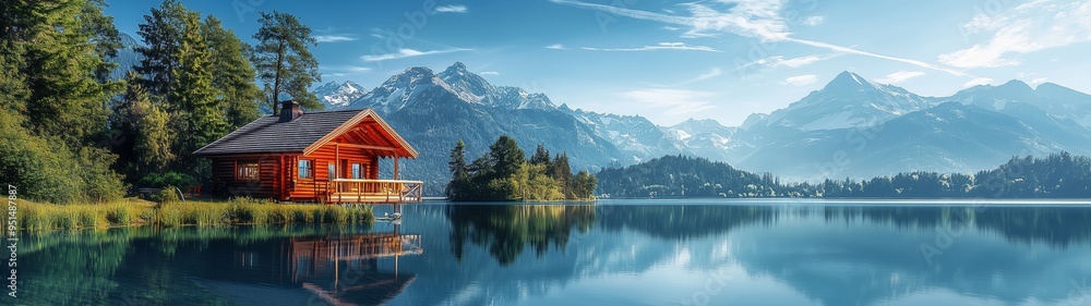 A peaceful mountain lake with a rustic wooden cabin on the shore, surrounded by trees and majestic mountains. A peaceful mountain lake with a rustic wooden cabin on the shore, surrounded by trees and majestic mountains.
