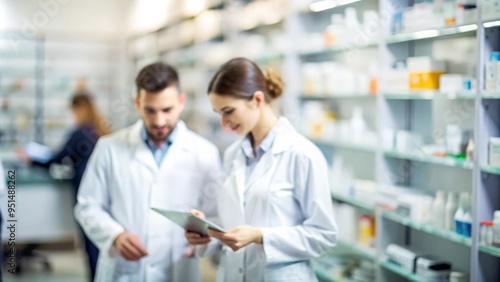 "Pharmacists at Work Blur" – Blurred backdrop of pharmacists preparing medication, focusing on pharmaceutical care. 