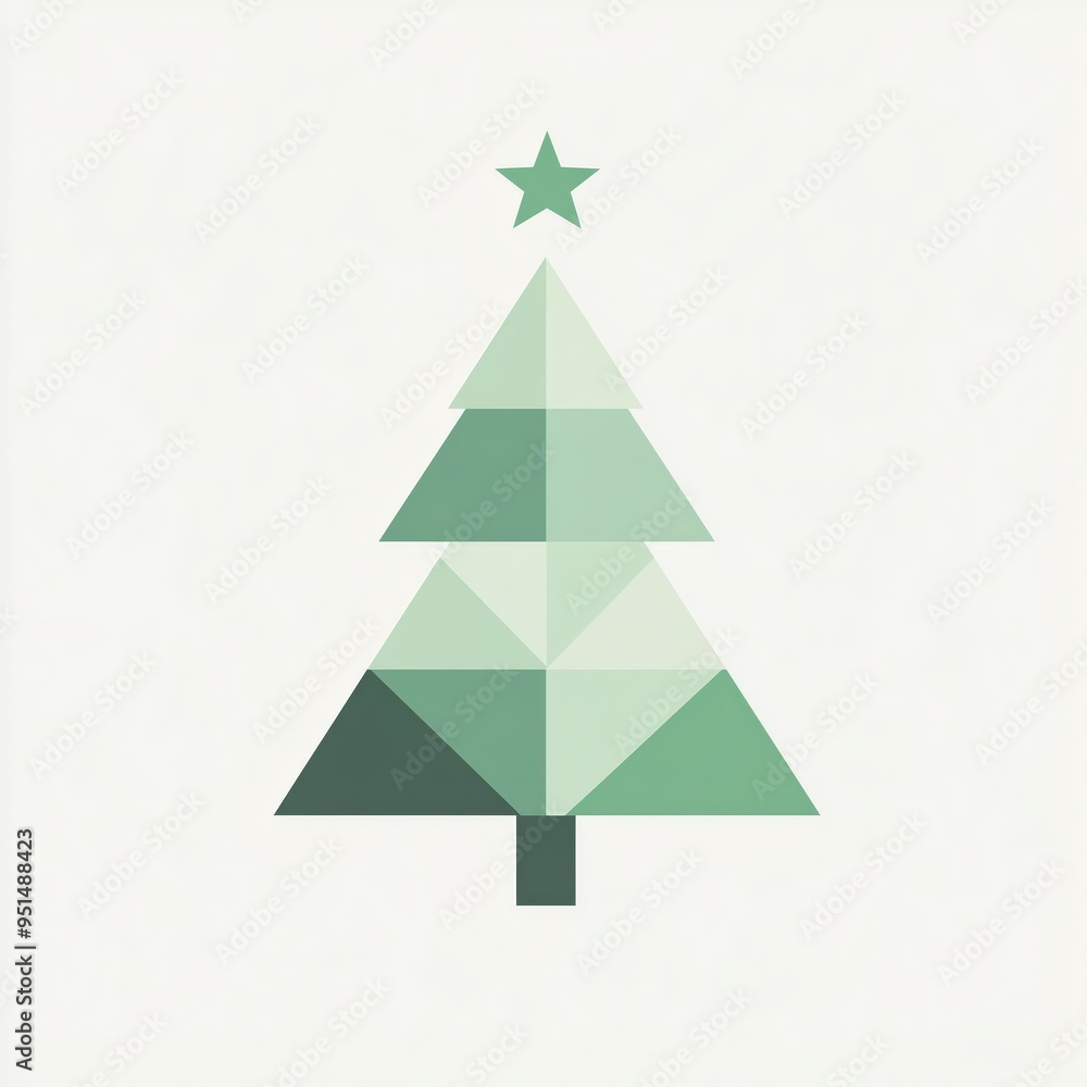 Minimalistic Christmas tree icon made from simple geometric shapes, with a single star on top, soft green on a white background, representing modern holiday design Minimalistic Christmas tree icon made from simple geometric shapes, with a single star on top, soft green on a white background, representing modern holiday design
