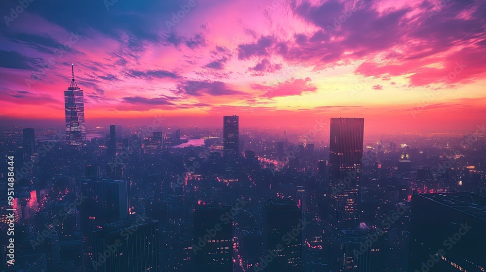 Fototapeta premium A breathtaking view of a city skyline at dusk, with skyscrapers illuminated against a vibrant, multicolored sky as the last light fades.