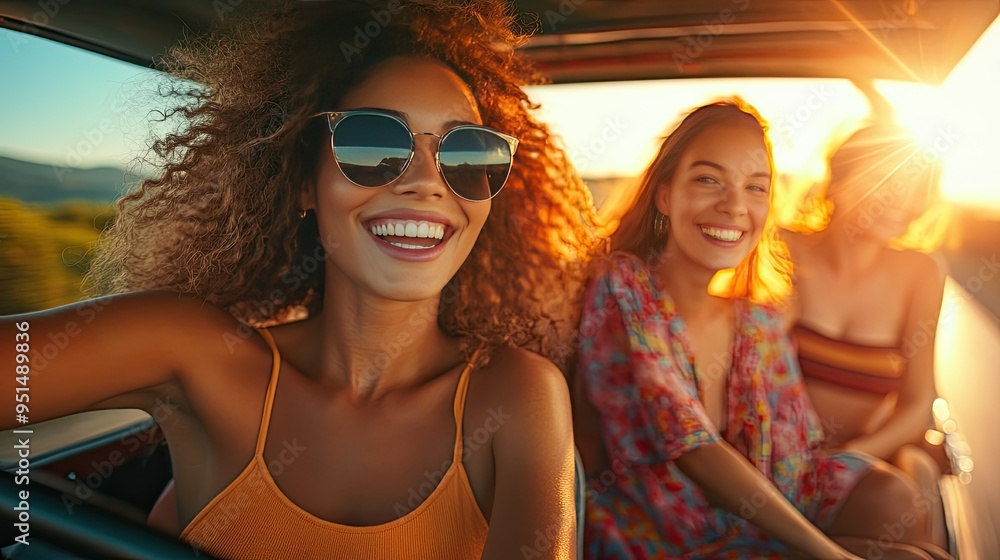 A cheerful group of women traveling in a truck, enjoying the ride with the wind in their hair and the sun shining down on them. A cheerful group of women traveling in a truck, enjoying the ride with the wind in their hair and the sun shining down on them.