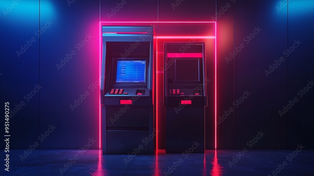 A neon ATM machine glows in a dark room, merging technology with an urban, futuristic vibe. A neon ATM machine glows in a dark room, merging technology with an urban, futuristic vibe.