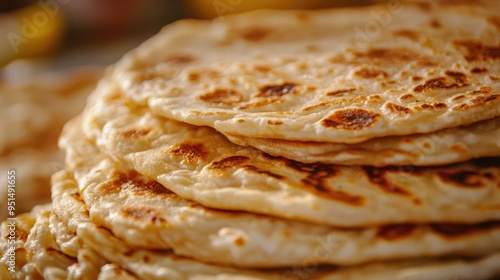 A close-up of freshly made Indian rotis, stacked and ready to serve, showing the softness and warmth of this staple bread. photo