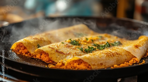 A close-up of Indian masala dosa being cooked on a hot griddle, showing the crispiness and flavorful filling of this popular South Indian dish.