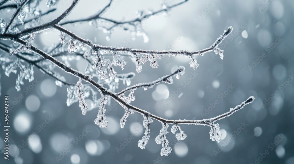 A close-up of sleet-covered tree branches, with ice glistening under a gray, overcast sky. A close-up of sleet-covered tree branches, with ice glistening under a gray, overcast sky.