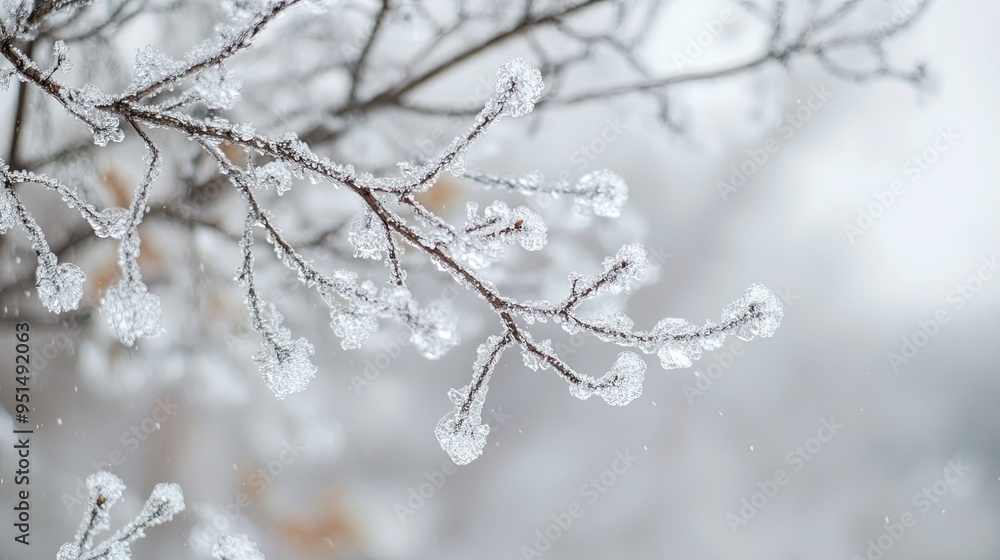 A close-up of sleet-covered tree branches, with ice glistening under a gray, overcast sky. A close-up of sleet-covered tree branches, with ice glistening under a gray, overcast sky.