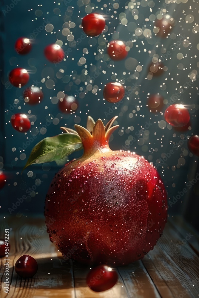 Big shiny red pomegranate. Generative AI. Big shiny red pomegranate. Generative AI.