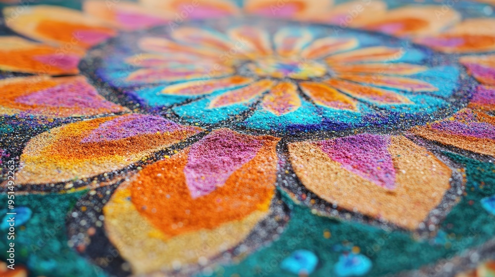 A close-up of traditional Indian rangoli patterns made with colored powders, highlighting the intricate artistry and cultural significance. A close-up of traditional Indian rangoli patterns made with colored powders, highlighting the intricate artistry and cultural significance.