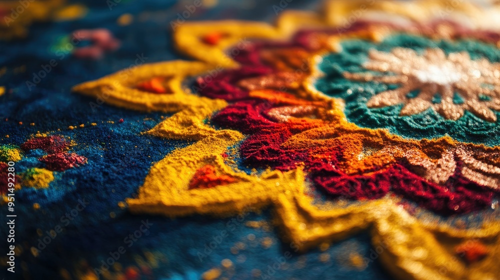 Obraz premium A close-up of traditional Indian rangoli patterns made with colored powders, highlighting the intricate artistry and cultural significance.