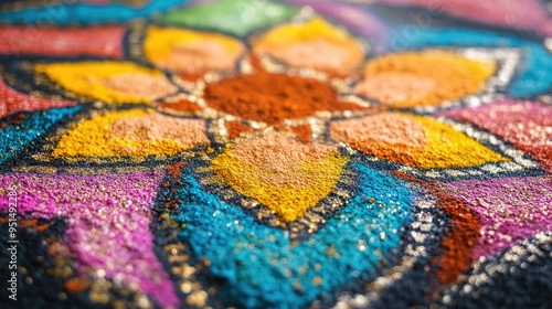 A close-up of traditional Indian rangoli patterns made with colored powders, highlighting the intricate artistry and cultural significance. photo