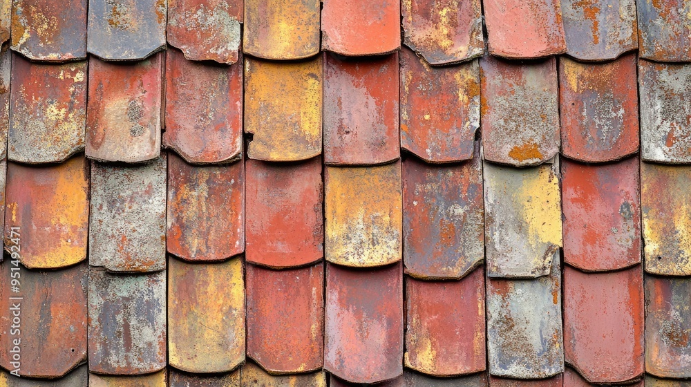 A close-up view of old, weathered roof tiles in shades of red and orange-brown, capturing the rustic charm of vintage building materials. A close-up view of old, weathered roof tiles in shades of red and orange-brown, capturing the rustic charm of vintage building materials.
