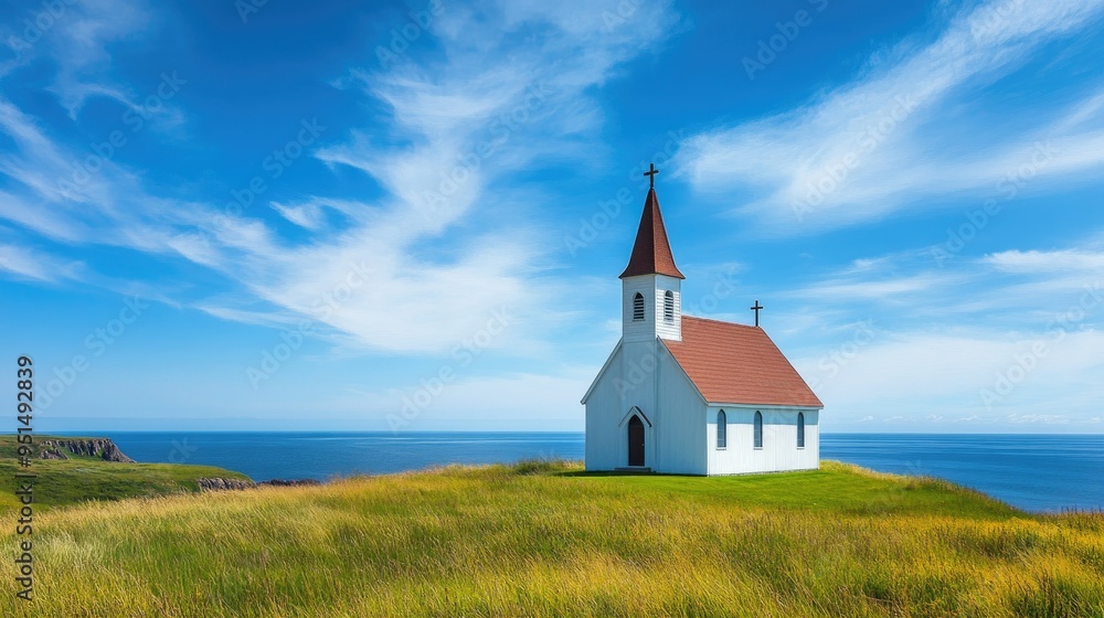 A coastal church on a grassy hill overlooking the sea, under a bright blue sky with a few clouds, capturing the peacefulness of the location. A coastal church on a grassy hill overlooking the sea, under a bright blue sky with a few clouds, capturing the peacefulness of the location.