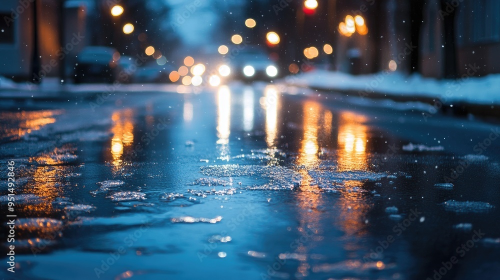 Fototapeta premium A cold, wet street reflecting lights as sleet falls, creating a slick and icy surface in the fading light of evening.