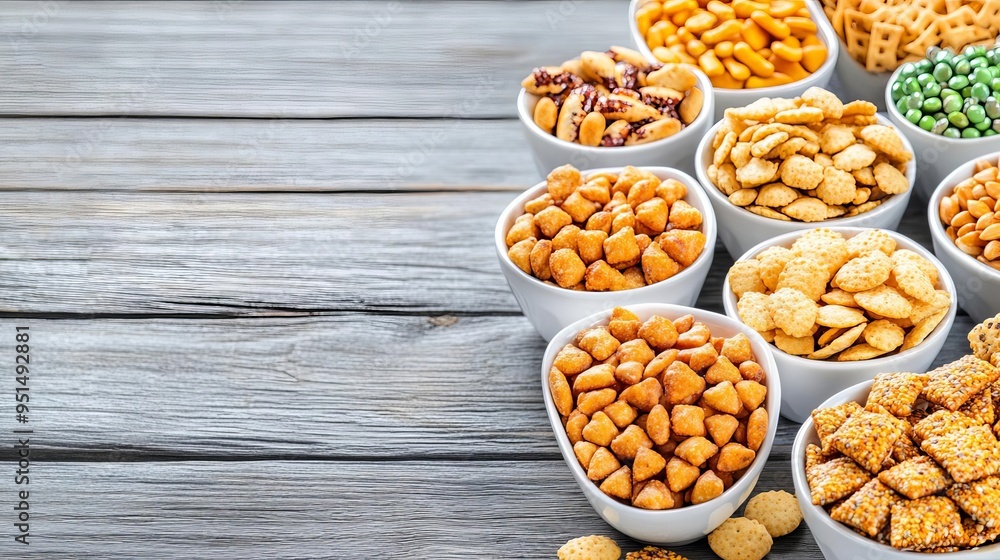 A selection of organic gluten-free snacks neatly arranged on a rustic wooden table, appealing to health-conscious consumers A selection of organic gluten-free snacks neatly arranged on a rustic wooden table, appealing to health-conscious consumers
