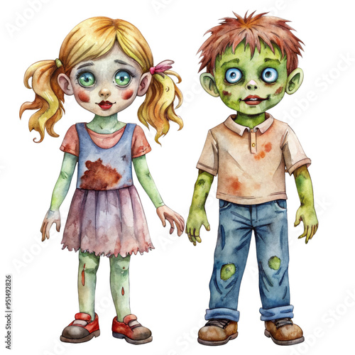 A watercolor illustration of a cute zombie girl and boy holding hands. They are both dressed in casual clothing and have green skin, symbolizing friendship, childhood, halloween, and the undead.