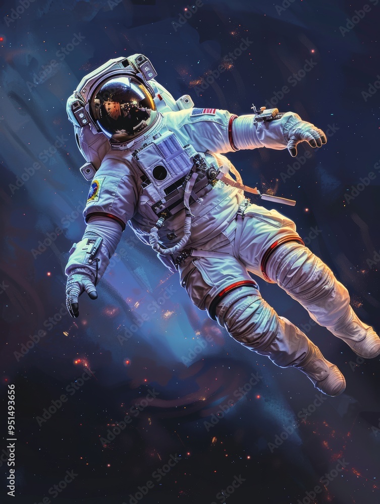 Fototapeta premium make me a logo, show me an astronaut floating in a spacestation, paint style, cartoon style 