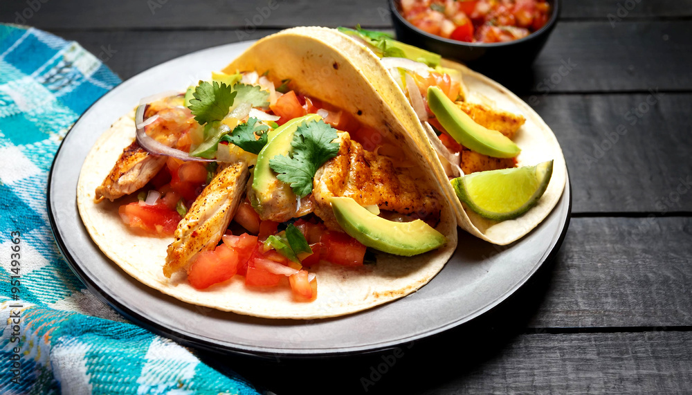 Spicy Mexican Taco with Grilled Chicken, Salsa, and Avocado Slices Spicy Mexican Taco with Grilled Chicken, Salsa, and Avocado Slices