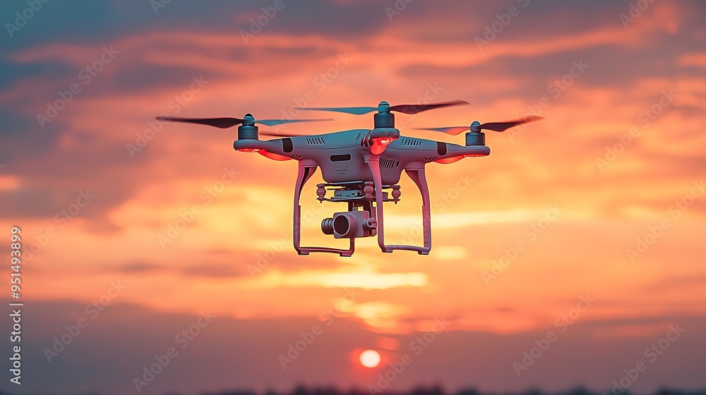 A drone with a camera flies against a stunning sunset, capturing the world from an elevated, breathtaking perspective. A drone with a camera flies against a stunning sunset, capturing the world from an elevated, breathtaking perspective.
