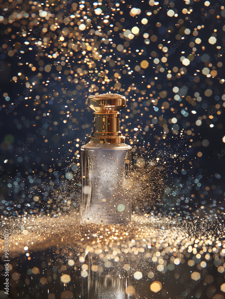 Elegant bottle centered in a glittering cascade, symbolizing the fragrance's sparkling essence in a meticulously crafted studio arrangement. Elegant bottle centered in a glittering cascade, symbolizing the fragrance's sparkling essence in a meticulously crafted studio arrangement.