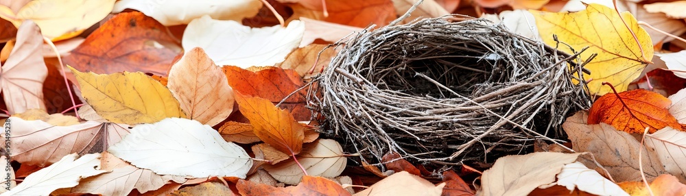 Abandoned bird nest with fallen leaves, symbolizing nature's cycles, moody atmosphere Abandoned bird nest with fallen leaves, symbolizing nature's cycles, moody atmosphere