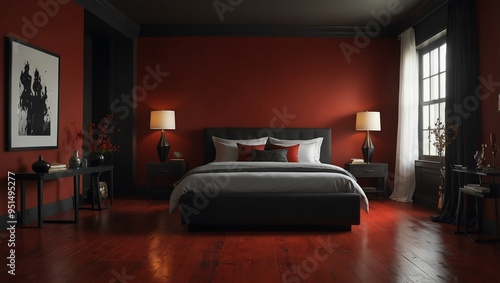 A dark red bedroom with a gray bed photo