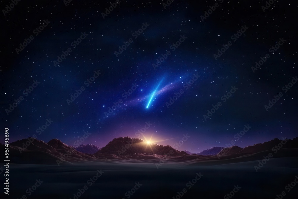 A breathtaking cosmic scene with a glowing comet streaking across a starry night sky over majestic mountains. A breathtaking cosmic scene with a glowing comet streaking across a starry night sky over majestic mountains.