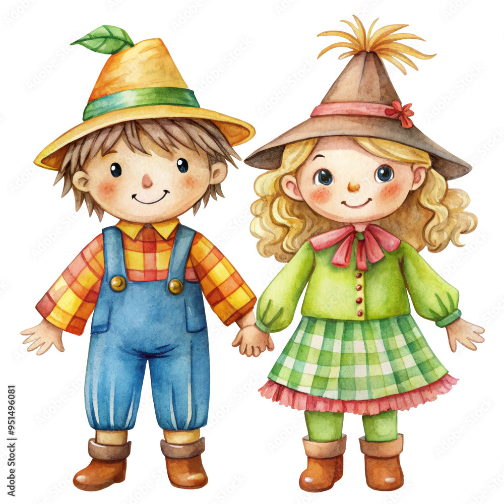 A charming illustration of a cartoon scarecrow couple, a boy and a girl, holding hands. They are both dressed in fall-themed clothing, symbolizing a sense of partnership, togetherness, and the beauty A charming illustration of a cartoon scarecrow couple, a boy and a girl, holding hands. They are both dressed in fall-themed clothing, symbolizing a sense of partnership, togetherness, and the beauty