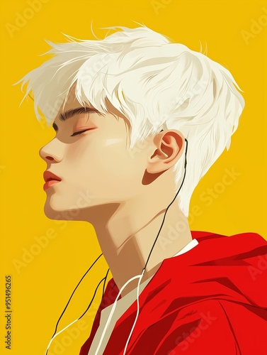 a cute kpop boy,white hair,listening a song, front view, face clouse-up,flat illistration,flat color,minimalism,clen background, high difinition photo