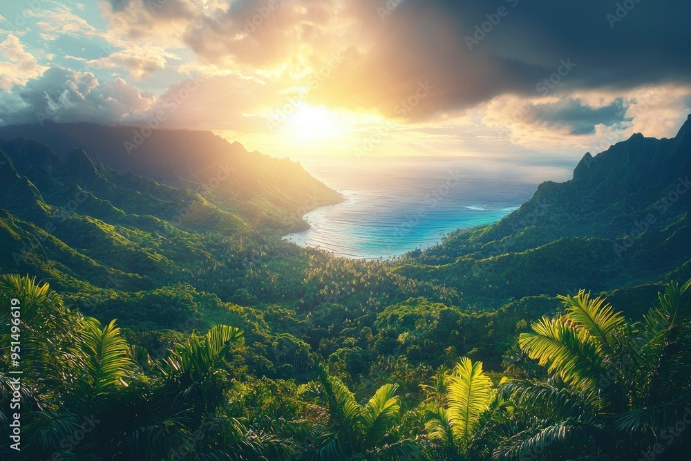 Lush Tropical Valley with Sunset Over Coastal Waters