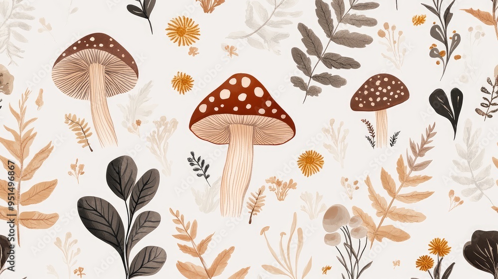 Enchanting pattern featuring tiny mushrooms, fern leaves, and delicate flowers in soft earthy shades, perfect for tea packaging. Enchanting pattern featuring tiny mushrooms, fern leaves, and delicate flowers in soft earthy shades, perfect for tea packaging.