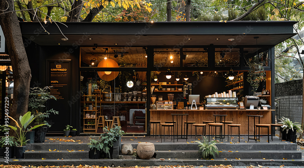 The front of the coffee shop is decorated with trees and black architecture. Generative AI. The front of the coffee shop is decorated with trees and black architecture. Generative AI.
