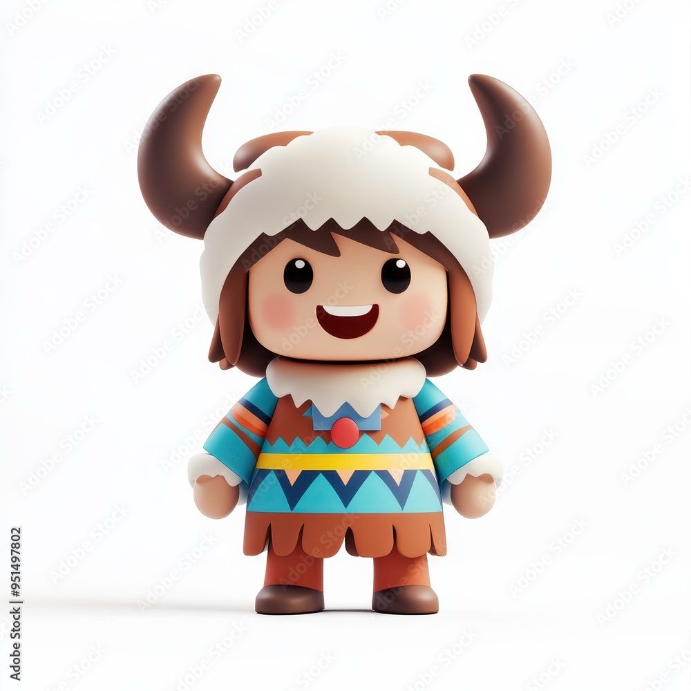 Fototapeta premium A cheerful boy dons a playful buffalo costume, crafted in fun isometric 3D style against a crisp white backdrop.