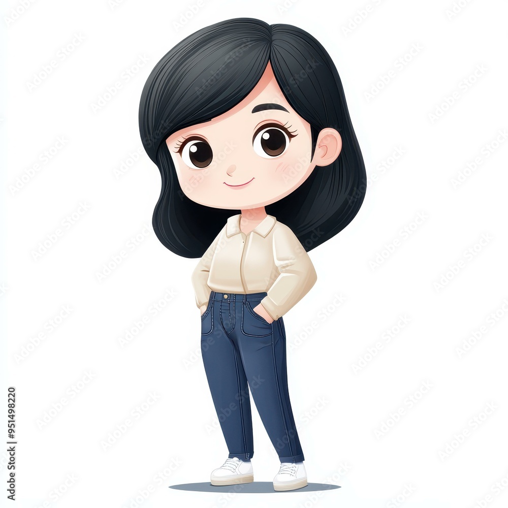 Unique graphic featuring a stylish bobble head of a yearold girl with shoulderlength black hair against a clean white backdrop. Unique graphic featuring a stylish bobble head of a yearold girl with shoulderlength black hair against a clean white backdrop.