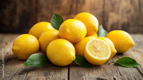 A heap of fresh yellow lemons with a few green leaves scattered on a rustic wooden surface, showcasing the zesty, vibrant fruit.