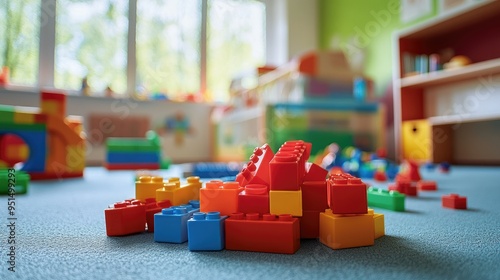 Wallpaper Mural A heap of multicolored plastic building blocks on the floor of a nursery, creating a playful and creative environment. Torontodigital.ca