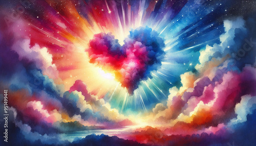 A vibrant watercolor painting of a heartshaped cloud in a sky filled with radiant colors