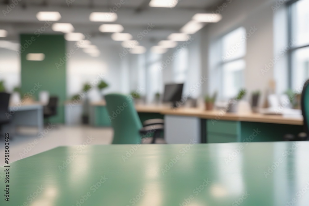 A light green blurred office interior featuring a desk with a laptop and computer, complete with a chair, monitor, keyboard, and other workspace essentials A light green blurred office interior featuring a desk with a laptop and computer, complete with a chair, monitor, keyboard, and other workspace essentials