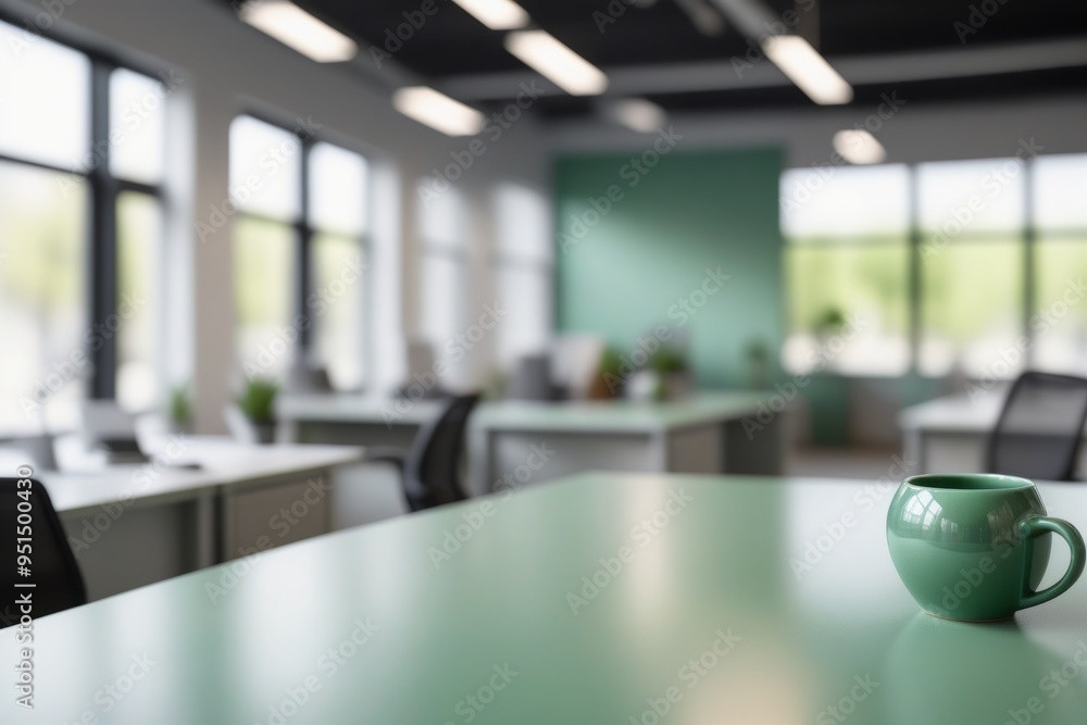 A light green blurred office interior featuring a desk with a laptop and computer, complete with a chair, monitor, keyboard, and other workspace essentials A light green blurred office interior featuring a desk with a laptop and computer, complete with a chair, monitor, keyboard, and other workspace essentials