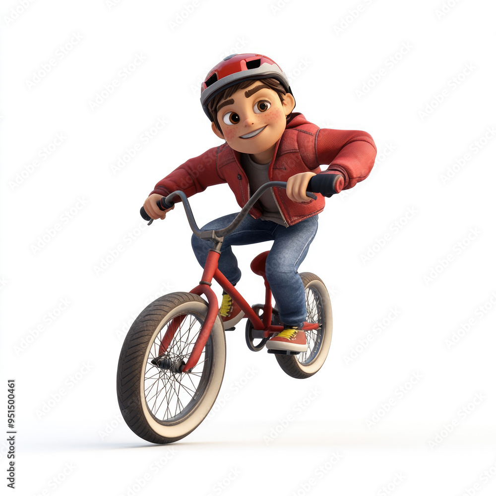 3D character, a boy doing a trick on a BMX cycle, against a solid white background 3D character, a boy doing a trick on a BMX cycle, against a solid white background