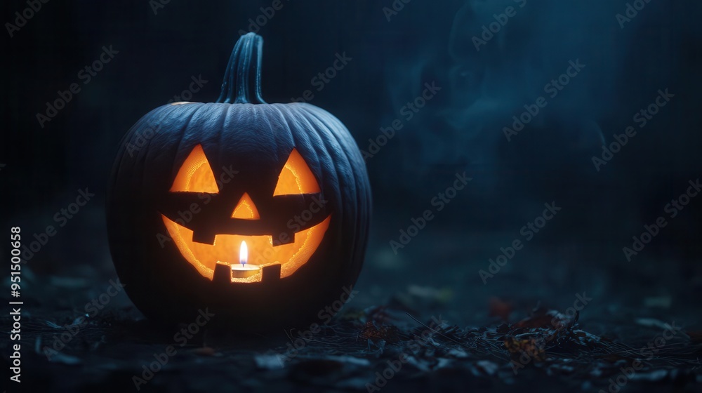 A creepy Halloween pumpkin glowing in the dark, with a menacing smile, perfect for spooky seasonal decorations. A creepy Halloween pumpkin glowing in the dark, with a menacing smile, perfect for spooky seasonal decorations.